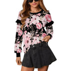 Plus Size Solid Floral Ruffled Shoulder Sweatshirt