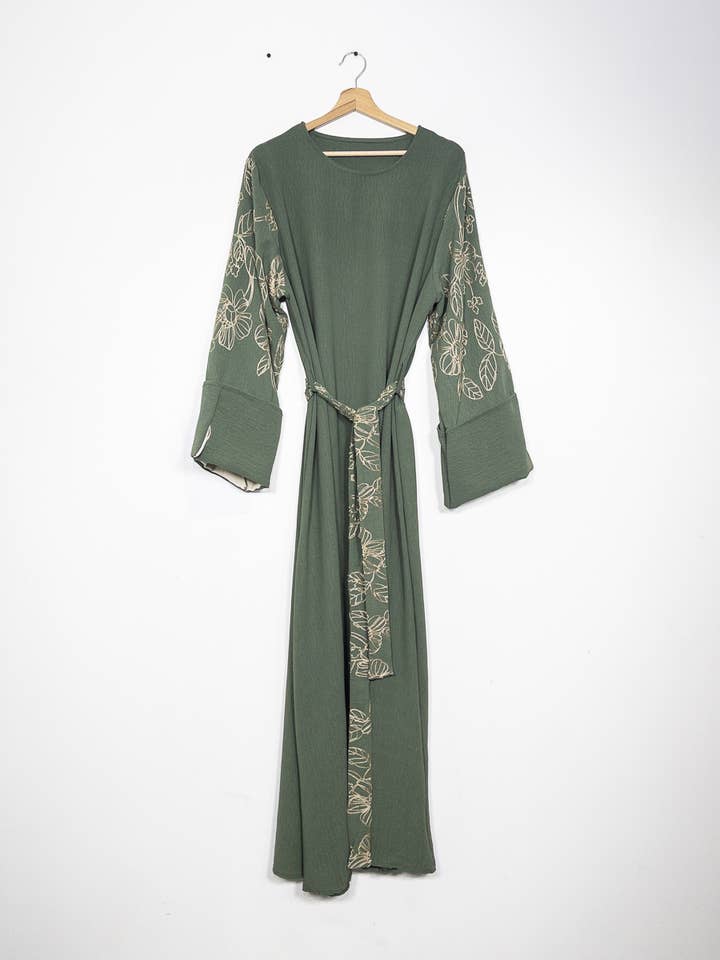 Elegant Floral Embroidered Abaya Dress with Matching Belt and Cream Lining