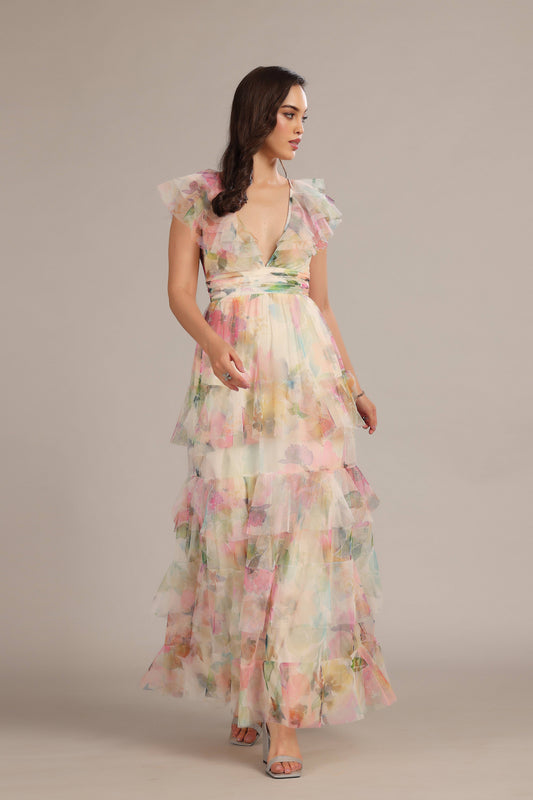 Elegant Cream Pink Floral Tiered V-Neck Maxi Dress with Ruffles