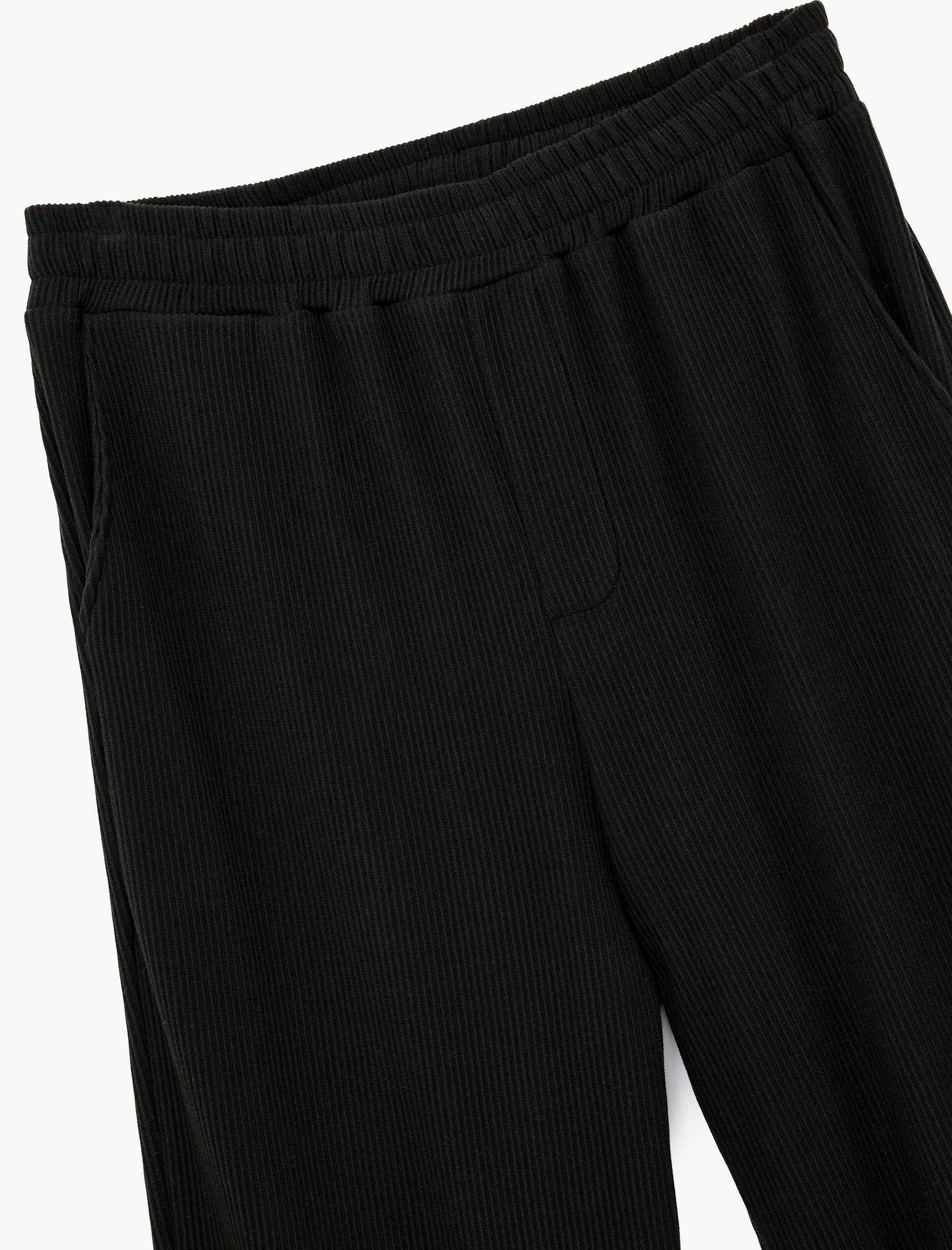 Black Cotton Ribbed Elastic Waist Sweatpants with Practical Pocket Detail