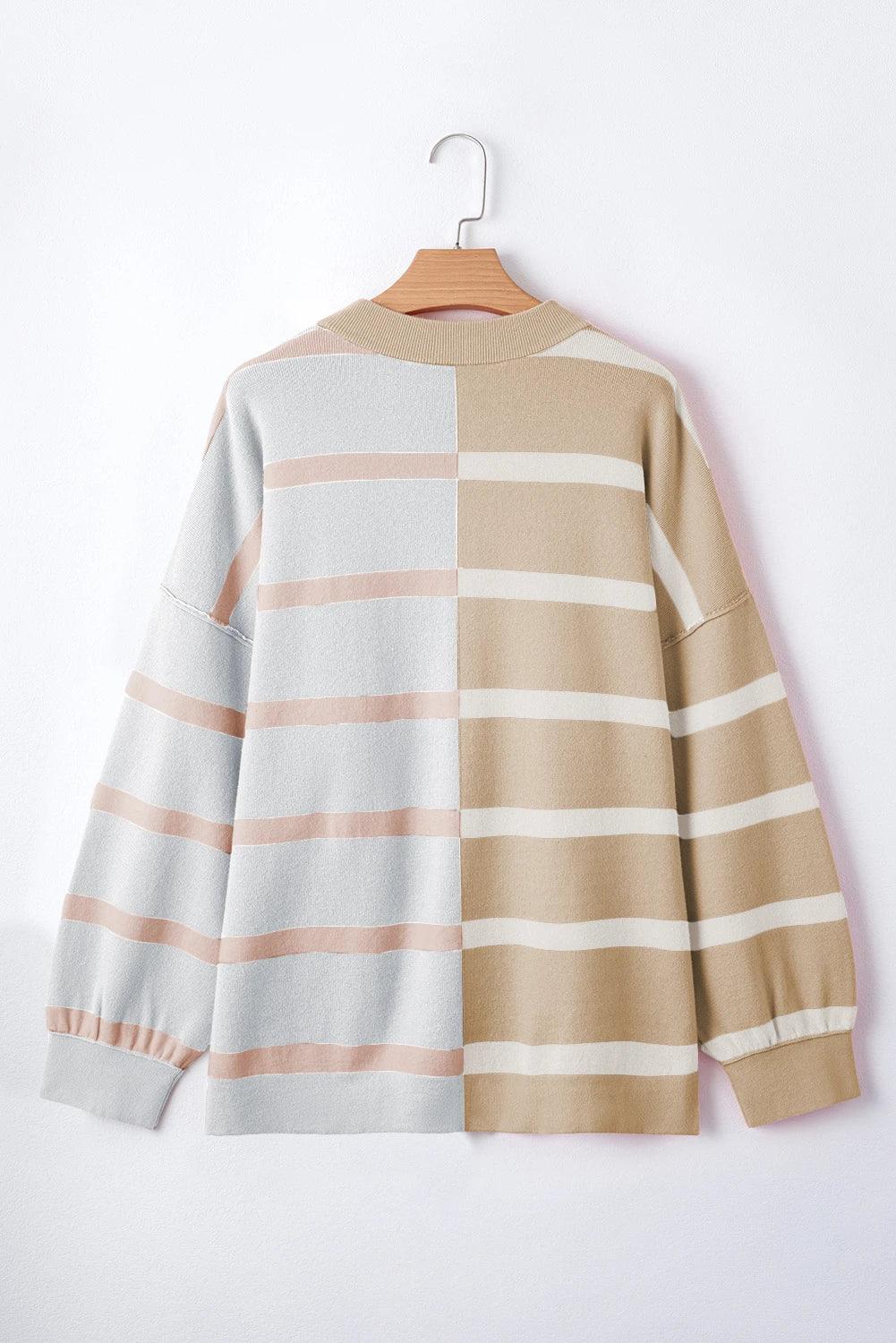 Striped Patchwork Drop Shoulder Khaki Sweater