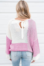 Tie Back Drop Shoulder Pink Knit Sweater