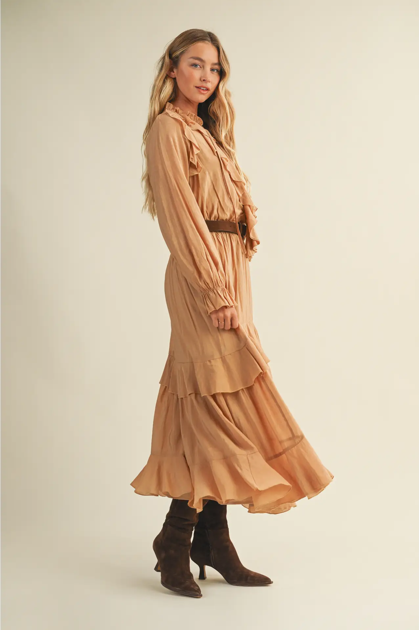 Luxury Belted Ruffled Long Desert Dress