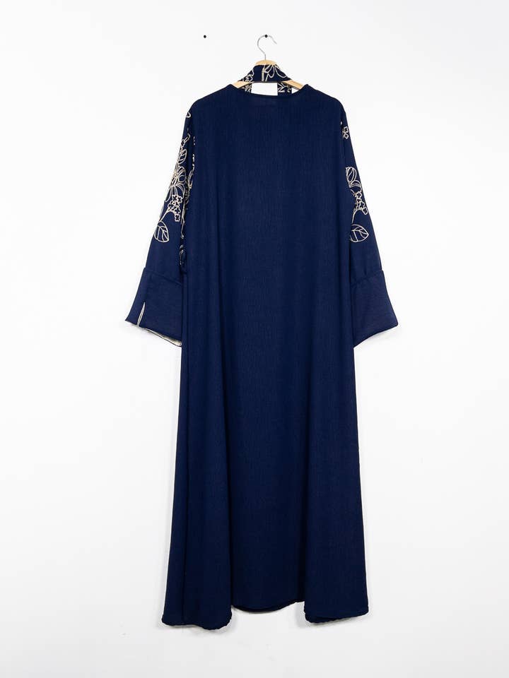 Elegant Floral Embroidered Abaya Dress with Matching Belt and Cream Lining