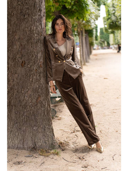 Elegant High-Waisted Straight-Cut Velvet Trousers with Side Pockets, Button Closure