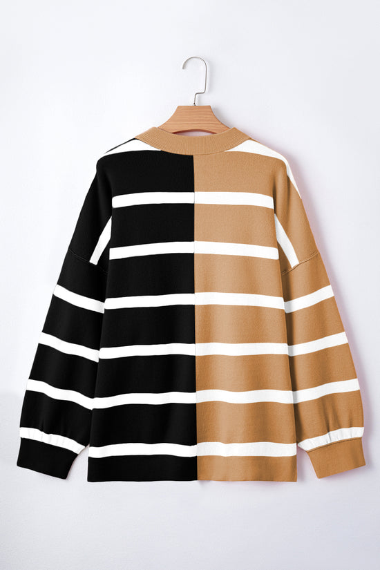 Striped Patchwork Drop Shoulder French Beige Sweater