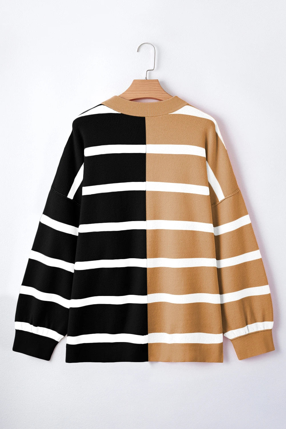 Striped Patchwork Drop Shoulder French Beige Sweater