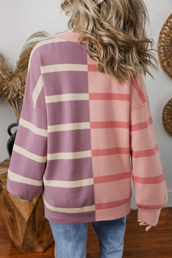 Striped Patchwork Drop Shoulder Pink Sweater