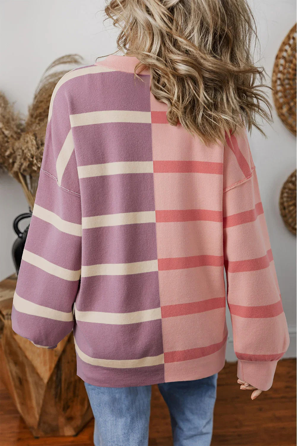 Striped Patchwork Drop Shoulder Pink Sweater