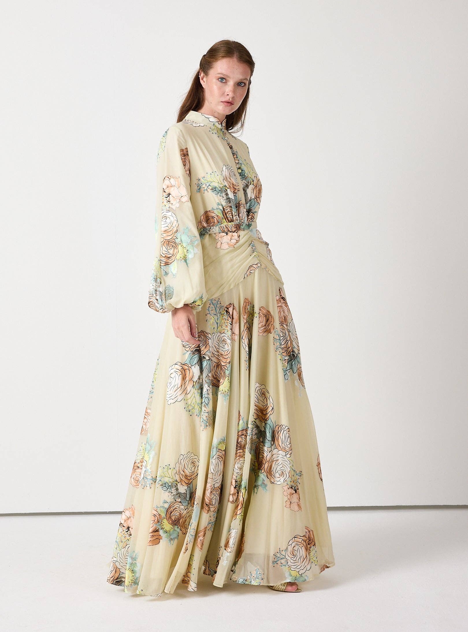 Wholesale Floral Belted Devoré Velvet Effect Maxi Dress for Women