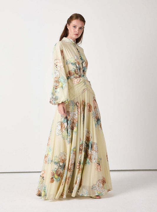 Wholesale Floral Belted Devoré Velvet Effect Maxi Dress for Women