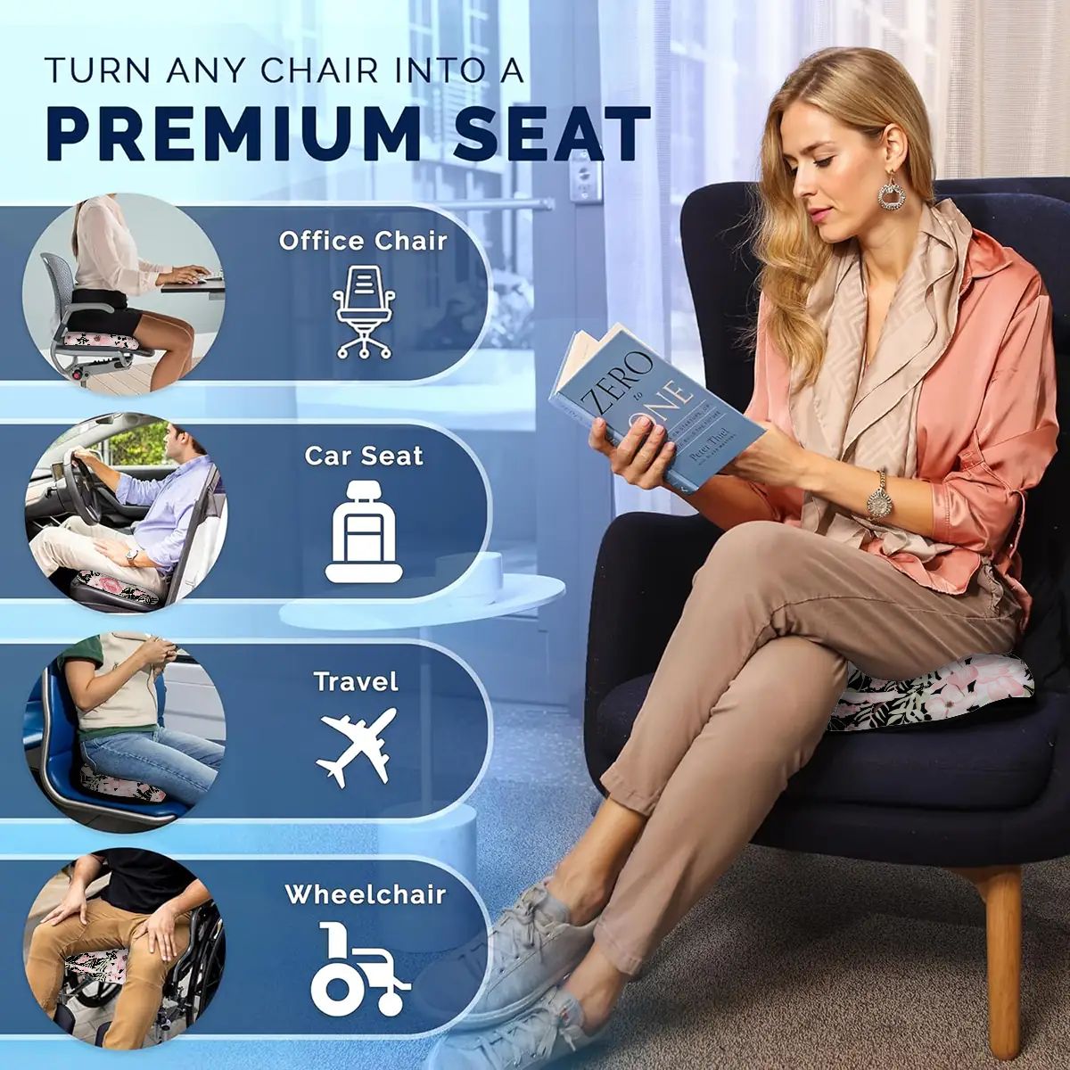 Floral Orthopedic Memory Foam Seat Black Cushion