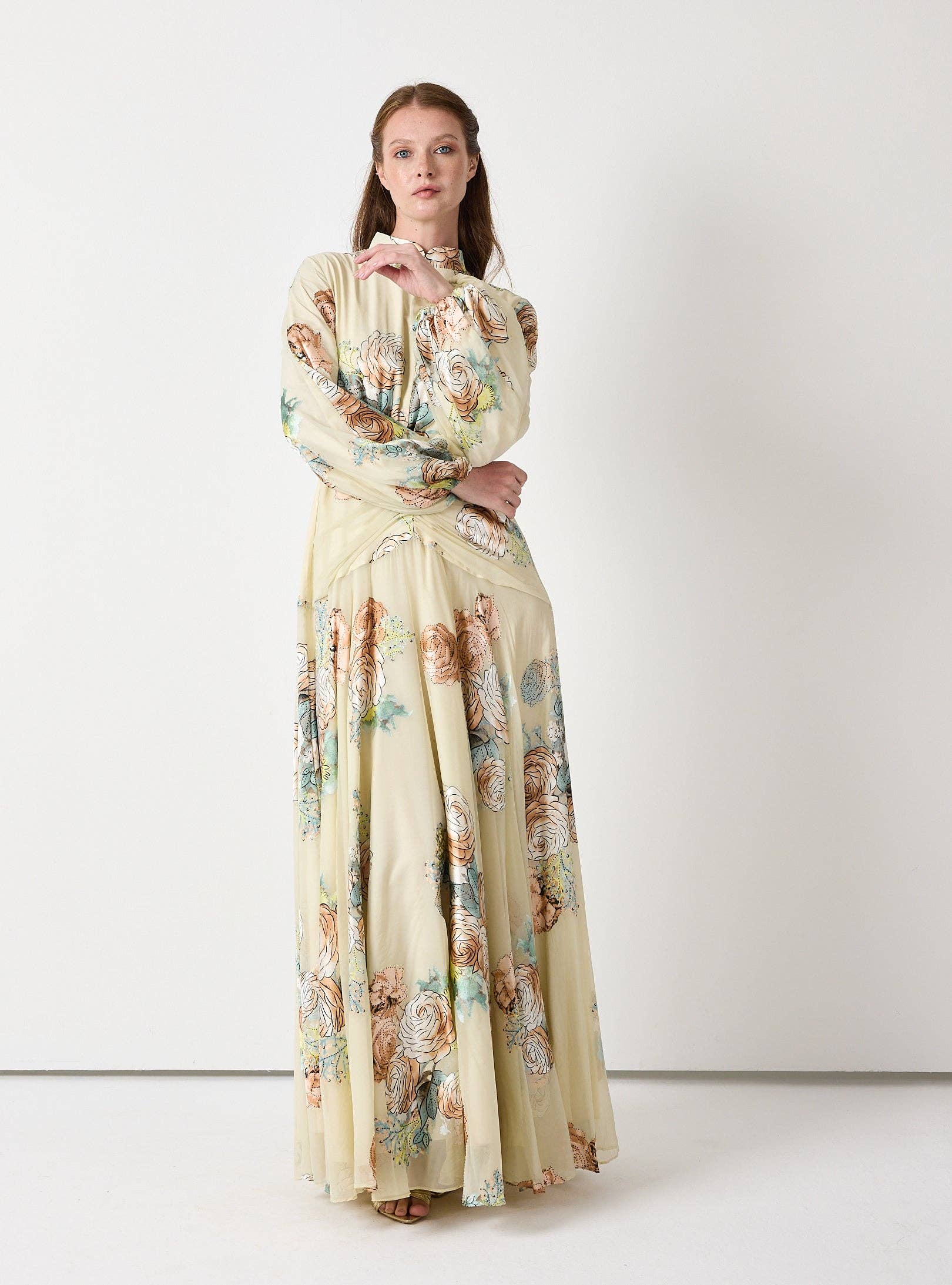 Wholesale Floral Belted Devoré Velvet Effect Maxi Dress for Women