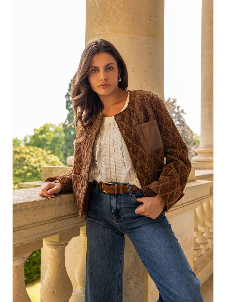 Choklate Paris Anouk Women's Quilted Velvet Jacket with Leather Pocket