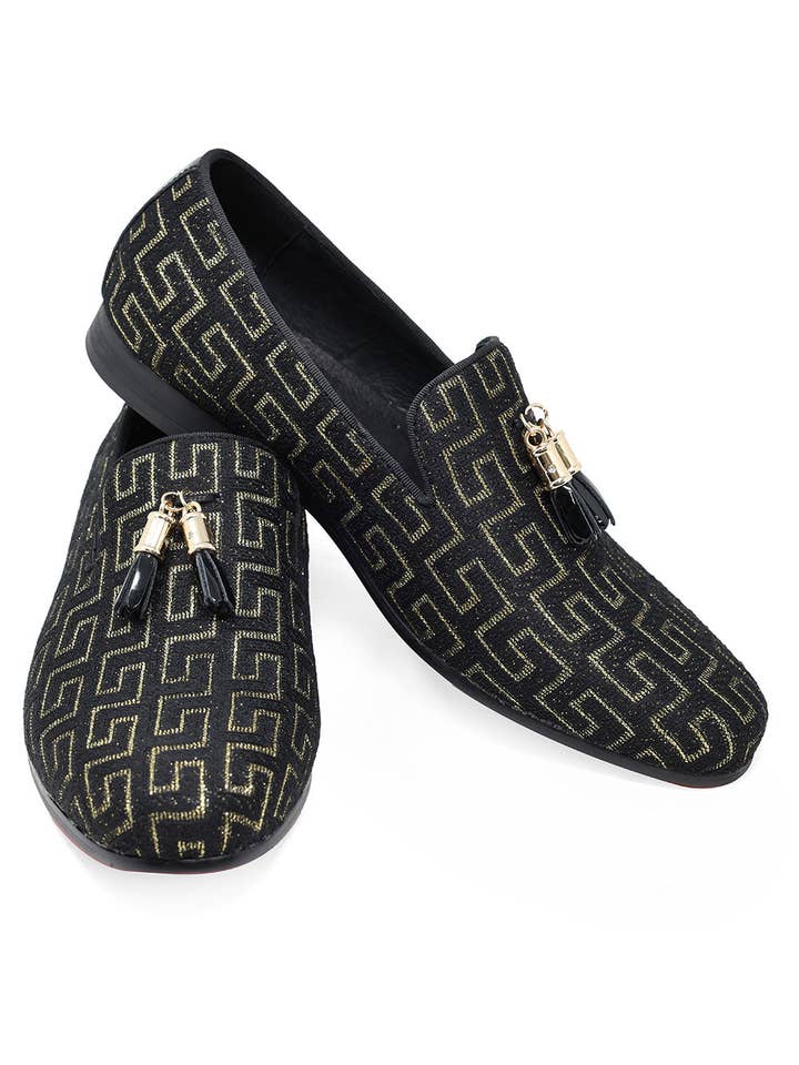 Men's Luxury Rhinestone Greek Key Baroque Tassel Slip-On Loafer Dress Shoes