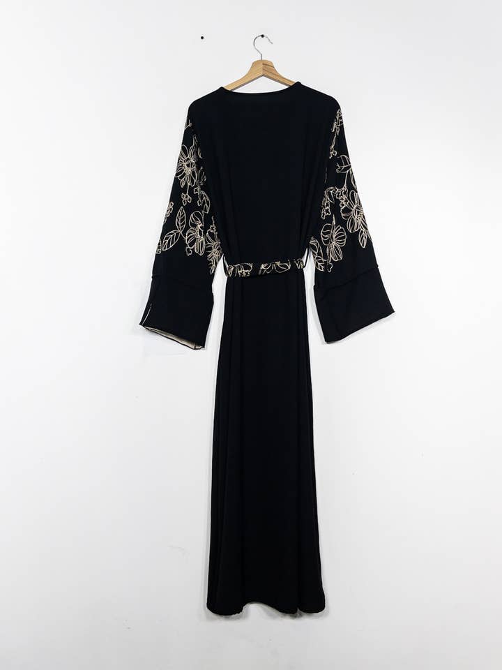Elegant Floral Embroidered Abaya Dress with Matching Belt and Cream Lining