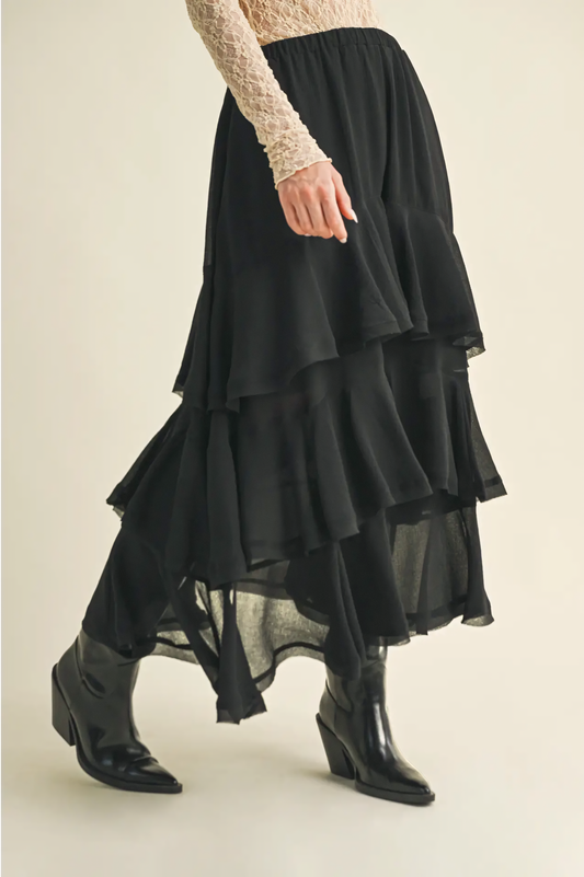 Pull On Ruffle Tiered Black Skirt