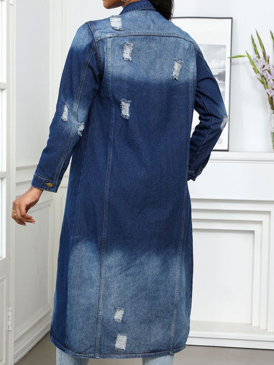 Distressed Button Up Collared Neck Denim Long Shirt