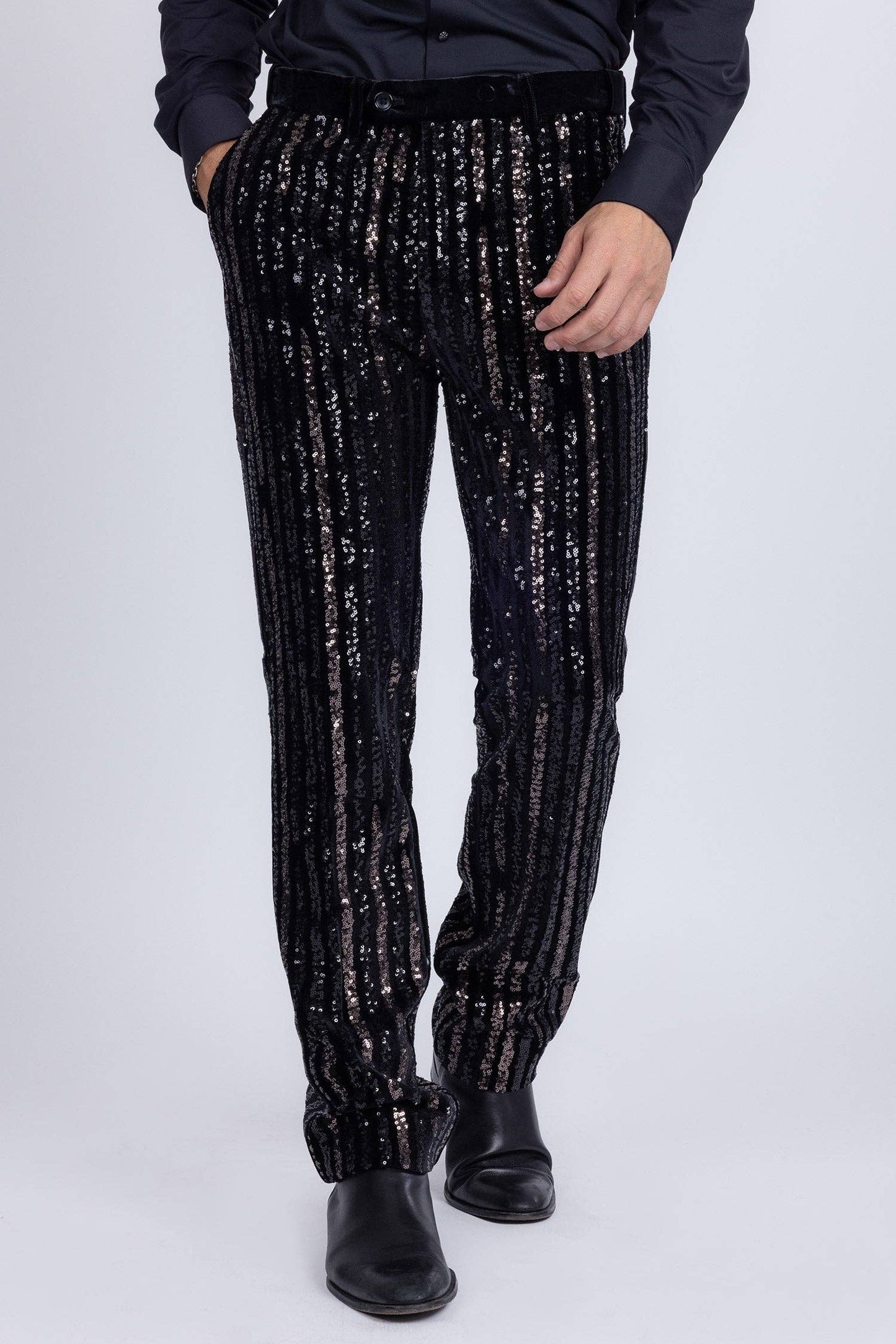 Men's Black Gunmetal Sequin Slim Fit Stretch Pants - Dazzling Party & Stage Wear