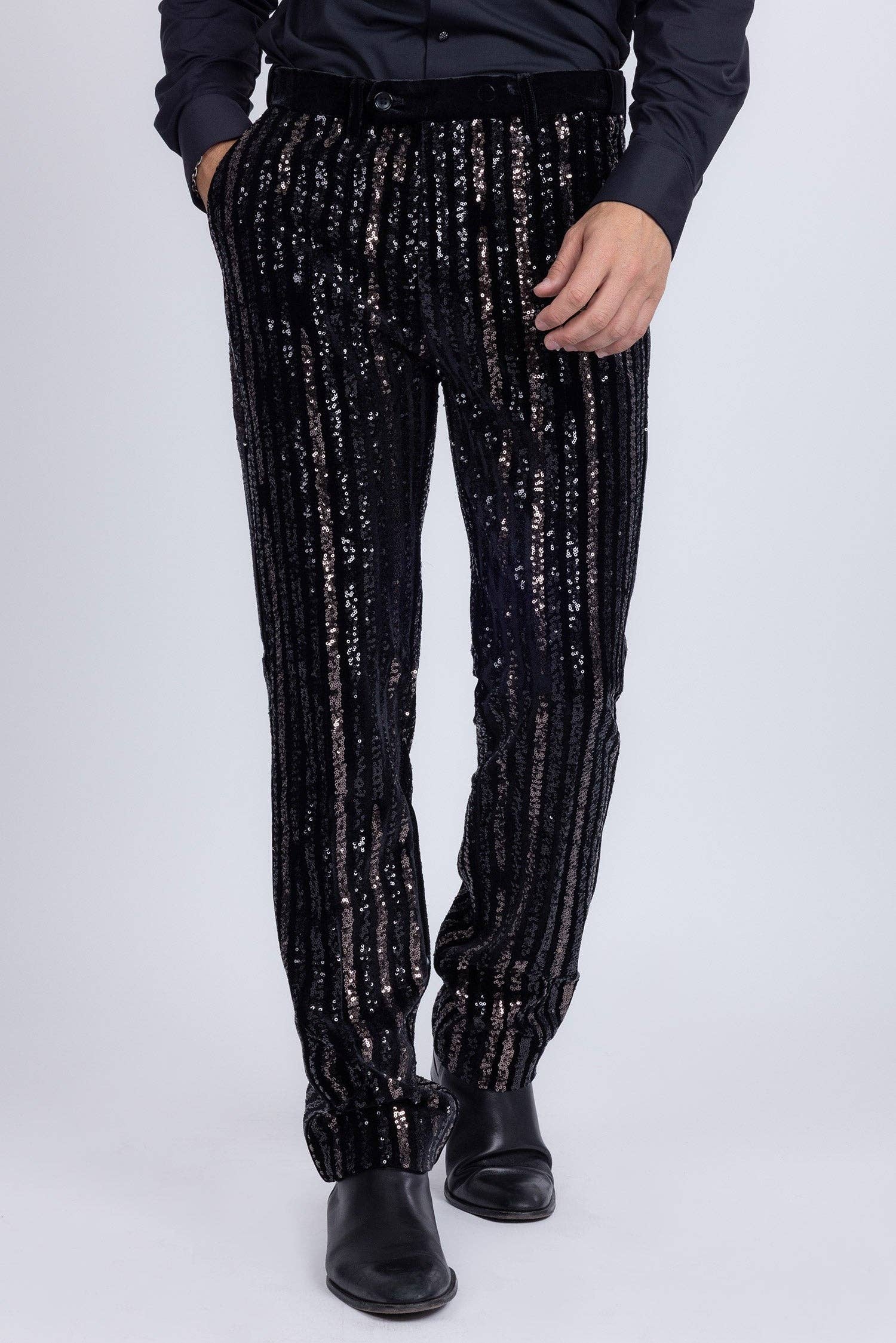 Men's Black Gunmetal Sequin Slim Fit Stretch Pants - Dazzling Party & Stage Wear