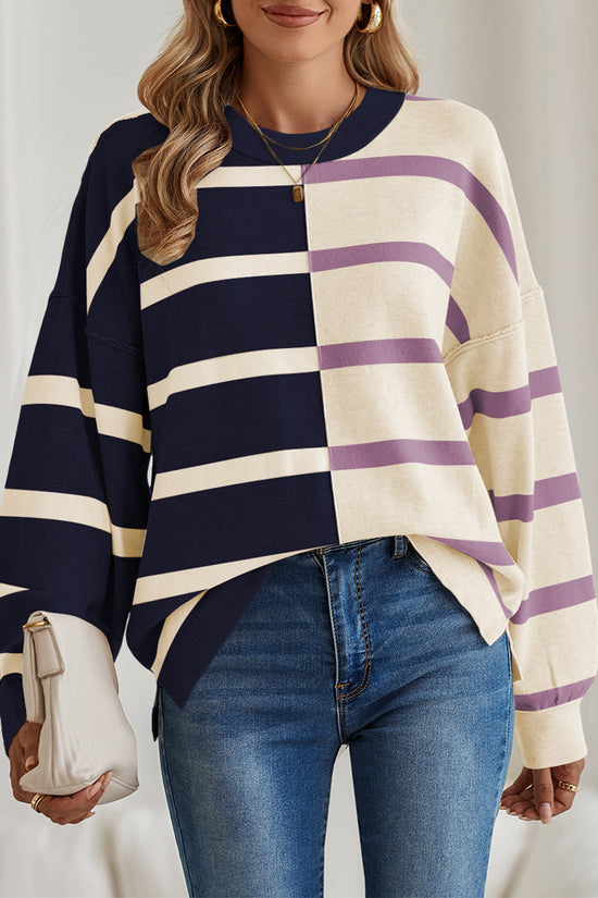 Striped Patchwork Drop Shoulder Blue Sweater