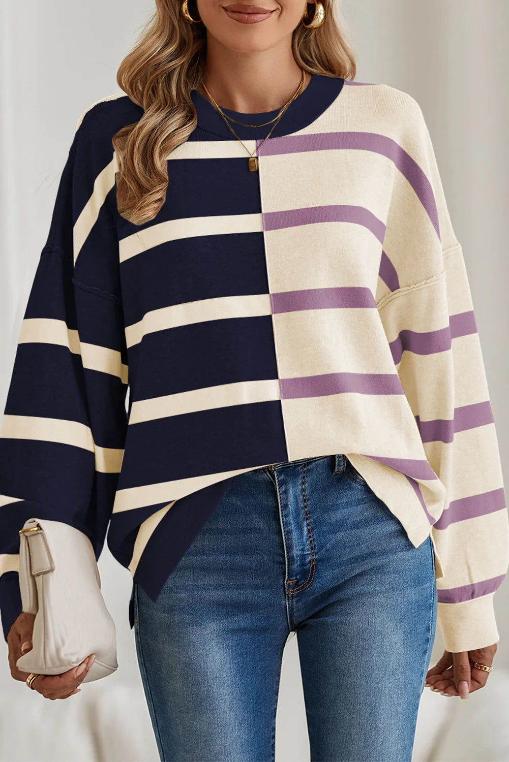 Striped Patchwork Drop Shoulder Blue Sweater