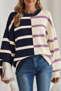 Striped Patchwork Drop Shoulder Blue Sweater