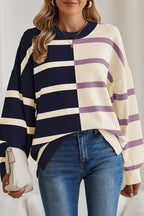 Striped Patchwork Drop Shoulder Blue Sweater