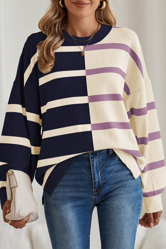 Striped Patchwork Drop Shoulder Blue Sweater