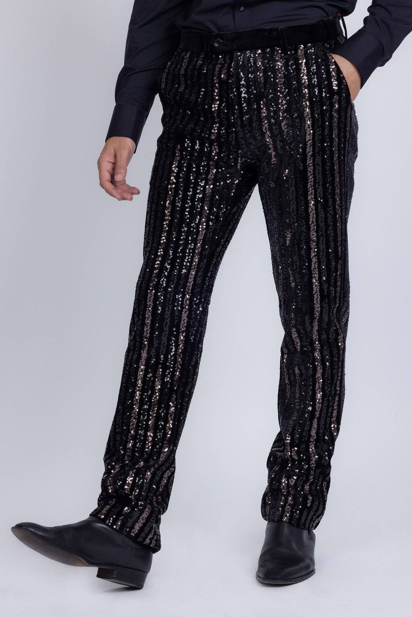 Men's Black Gunmetal Sequin Slim Fit Stretch Pants - Dazzling Party & Stage Wear