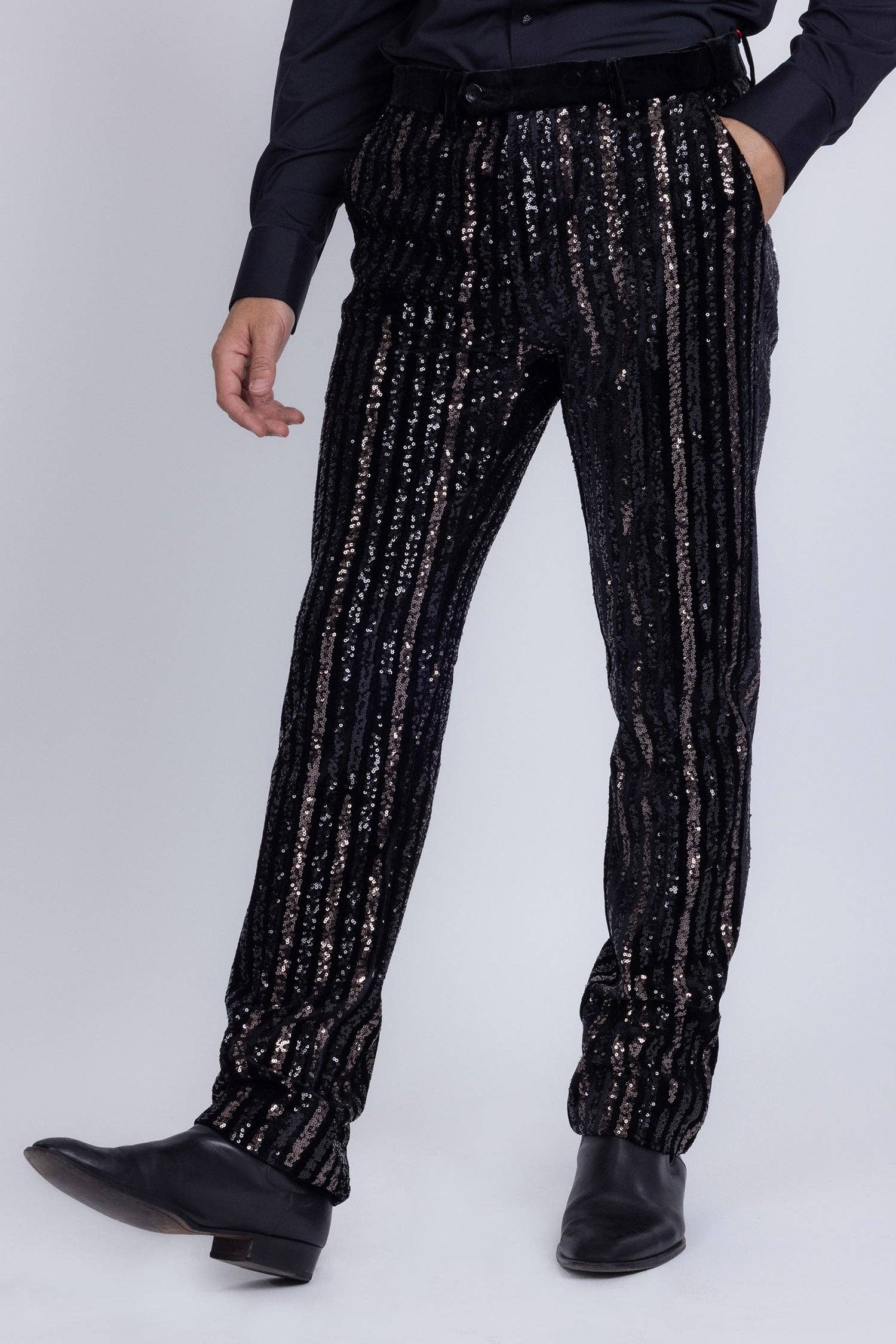 Men's Black Gunmetal Sequin Slim Fit Stretch Pants - Dazzling Party & Stage Wear