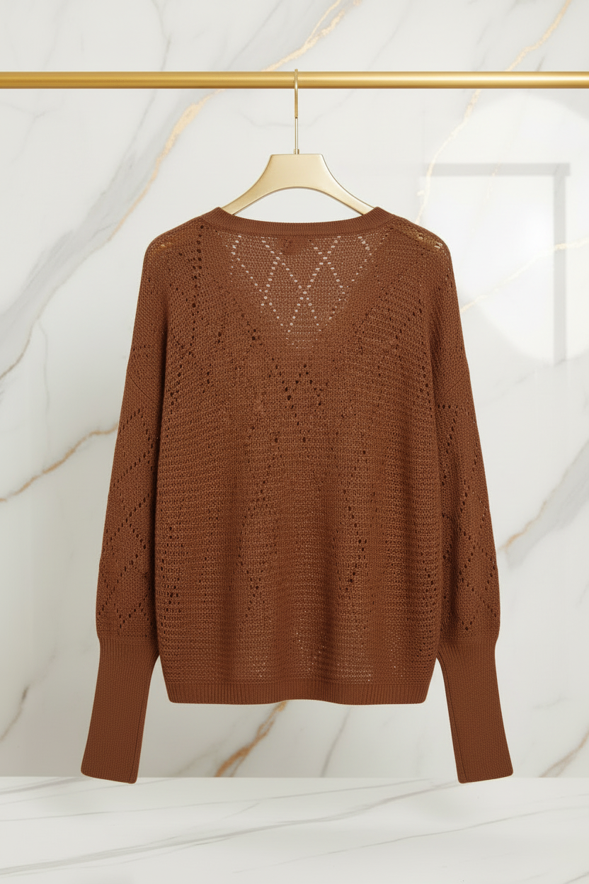 Lace Detail V-Neck Long Sleeve Deep Camel Sweater