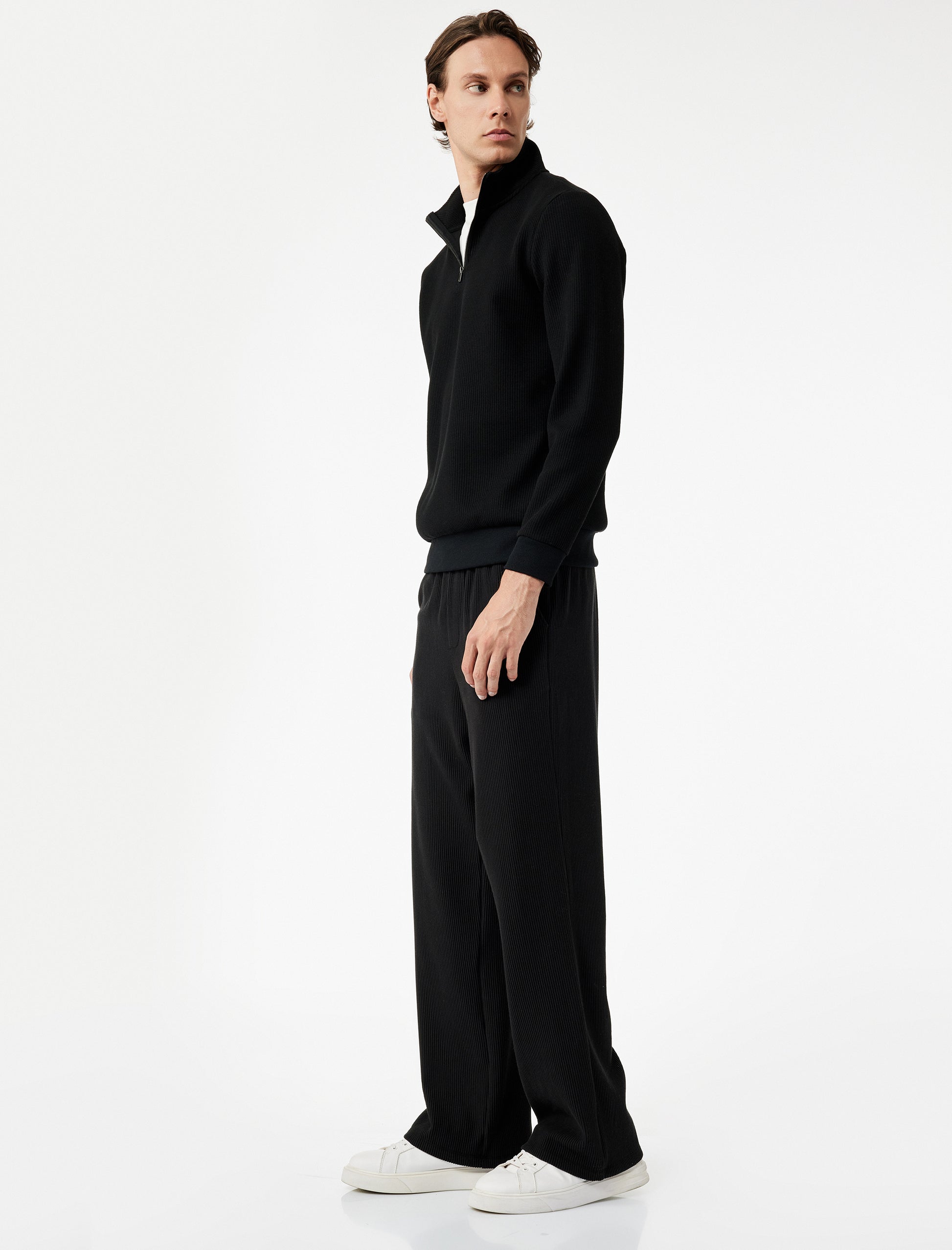 Black Cotton Ribbed Elastic Waist Sweatpants with Practical Pocket Detail