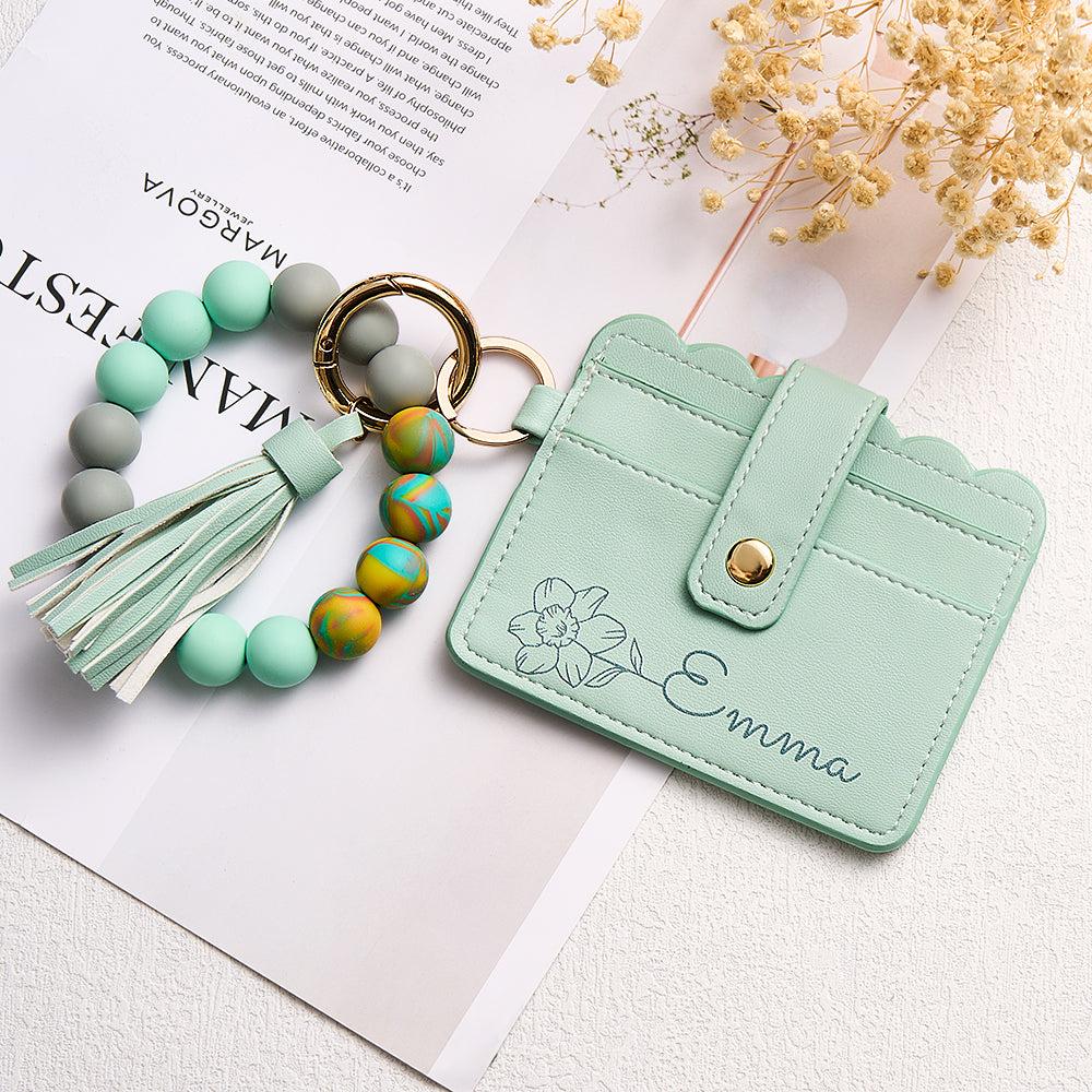 Personalize Green PU Leather Wallet With Beaded Bracelet