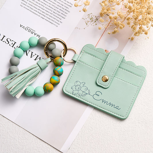 Personalize Green PU Leather Wallet With Beaded Bracelet