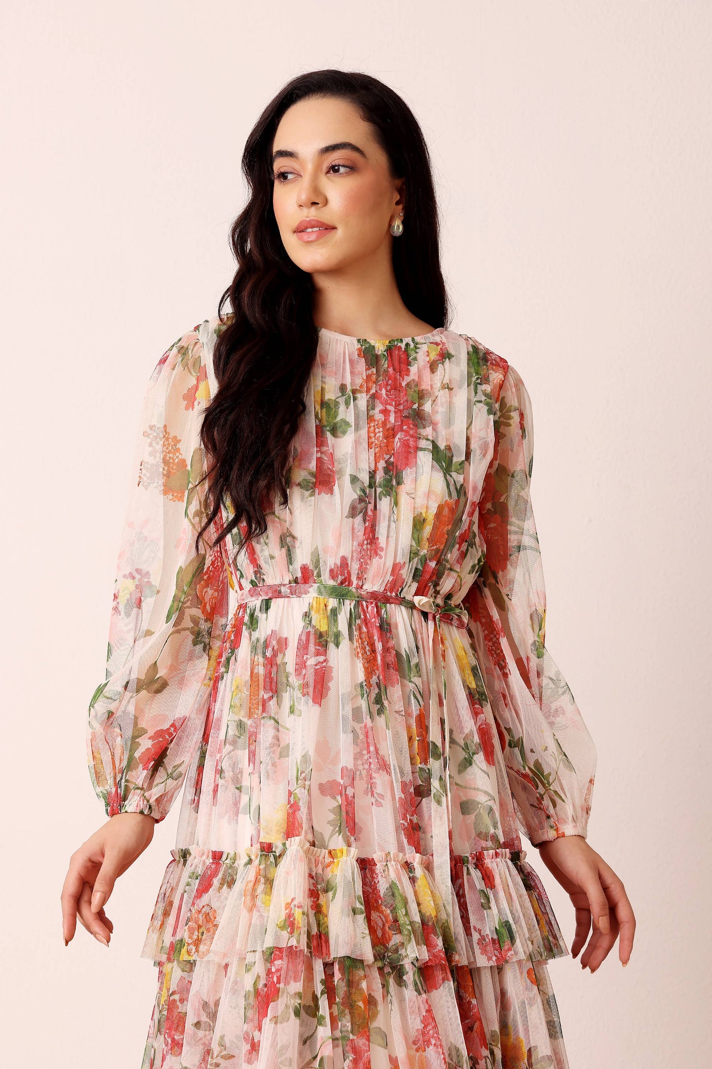 Elegant Cream Floral Midi Dress with Sheer Sleeves and Tie Belt for Women