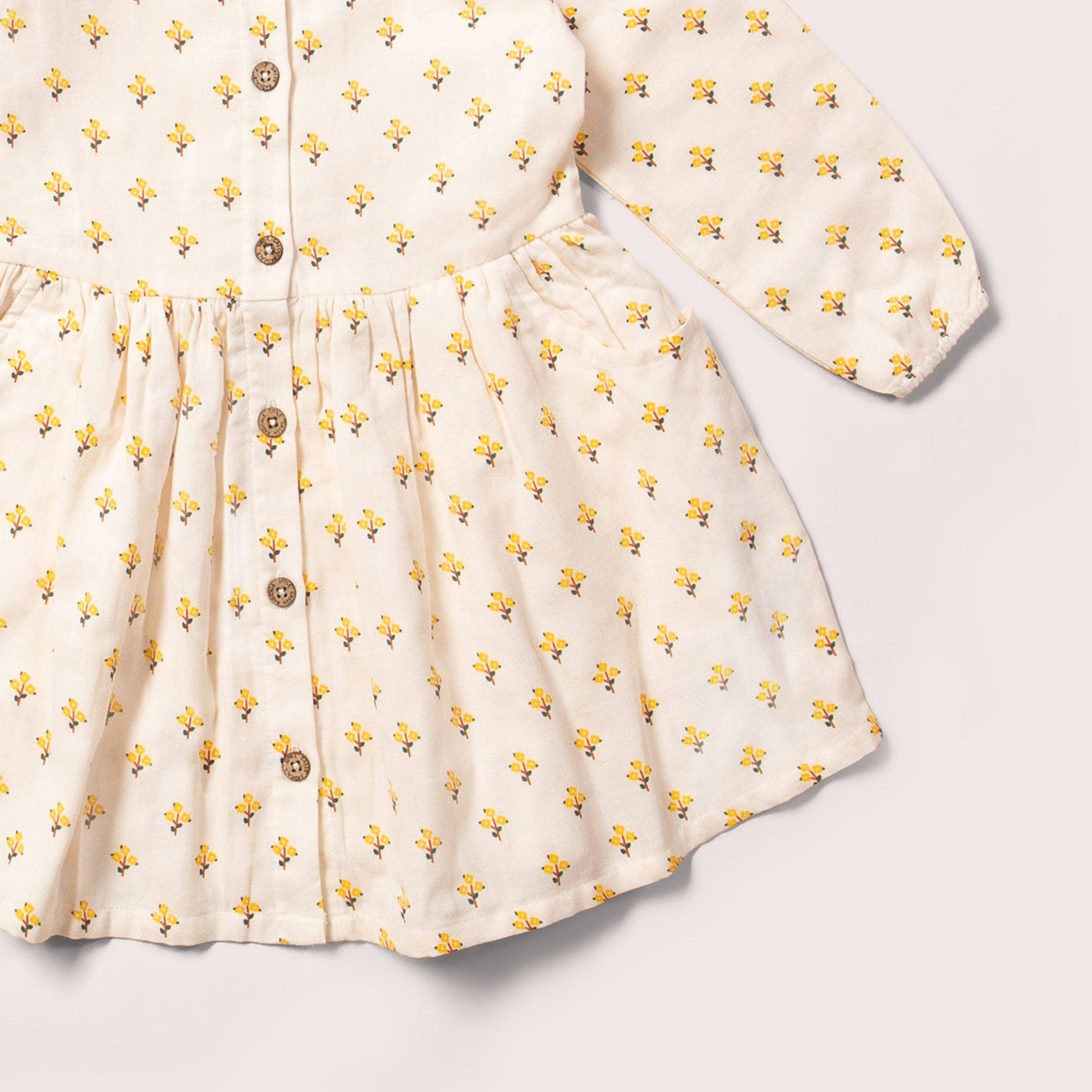 Soft Organic Golden Flowers Floral Print Comfy Pocket Dress for Kids