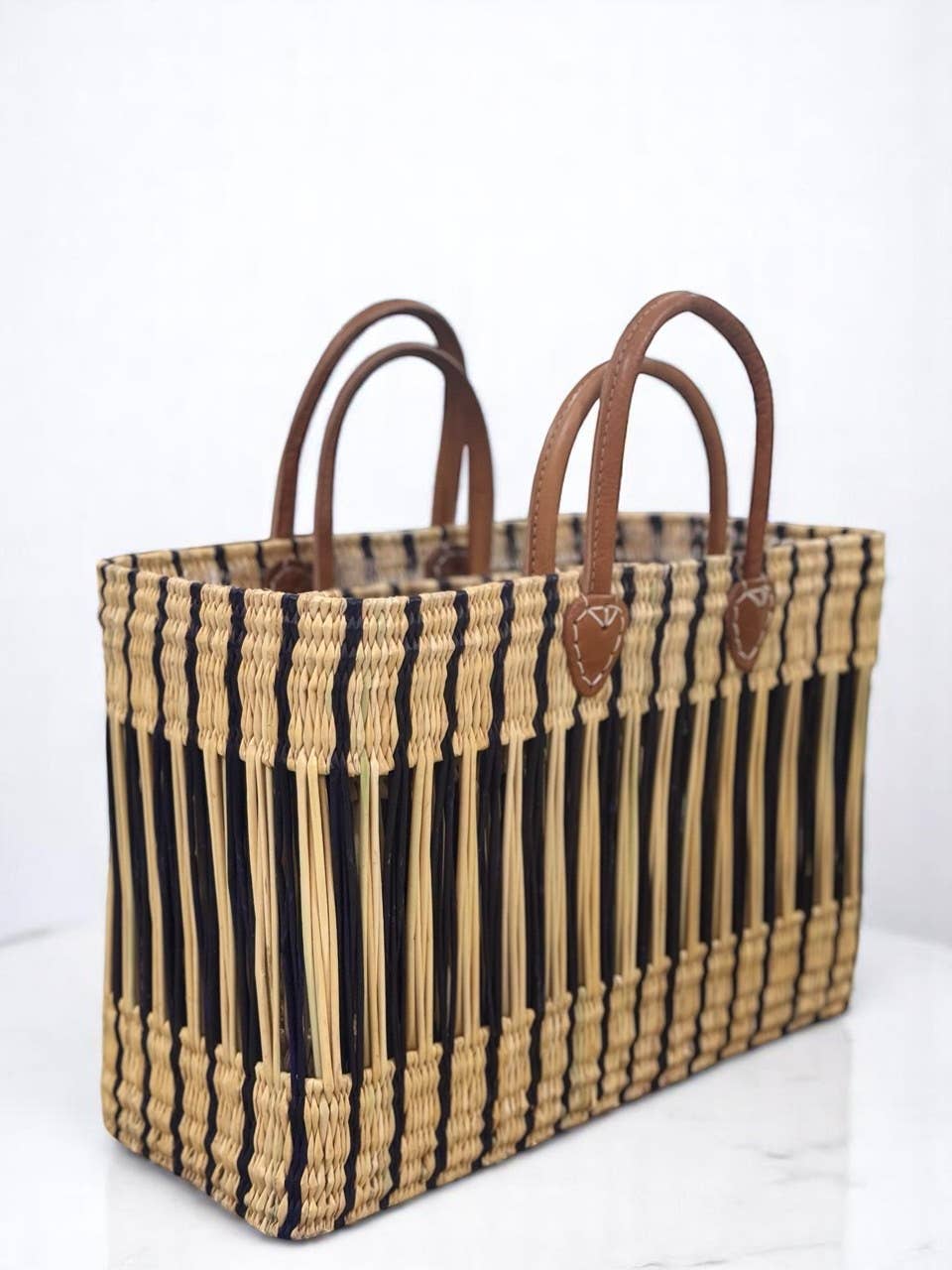 Moroccan Handwoven Straw Tote Bag with Leather Handles - Eco-Friendly Striped Design