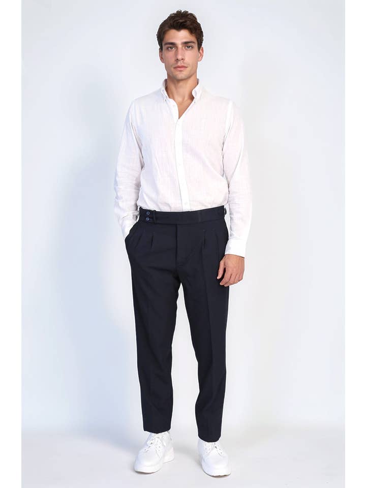 Men's Navy Double-Pleated High-Waisted Slim Fit Trousers with Adjustable Side Buckles