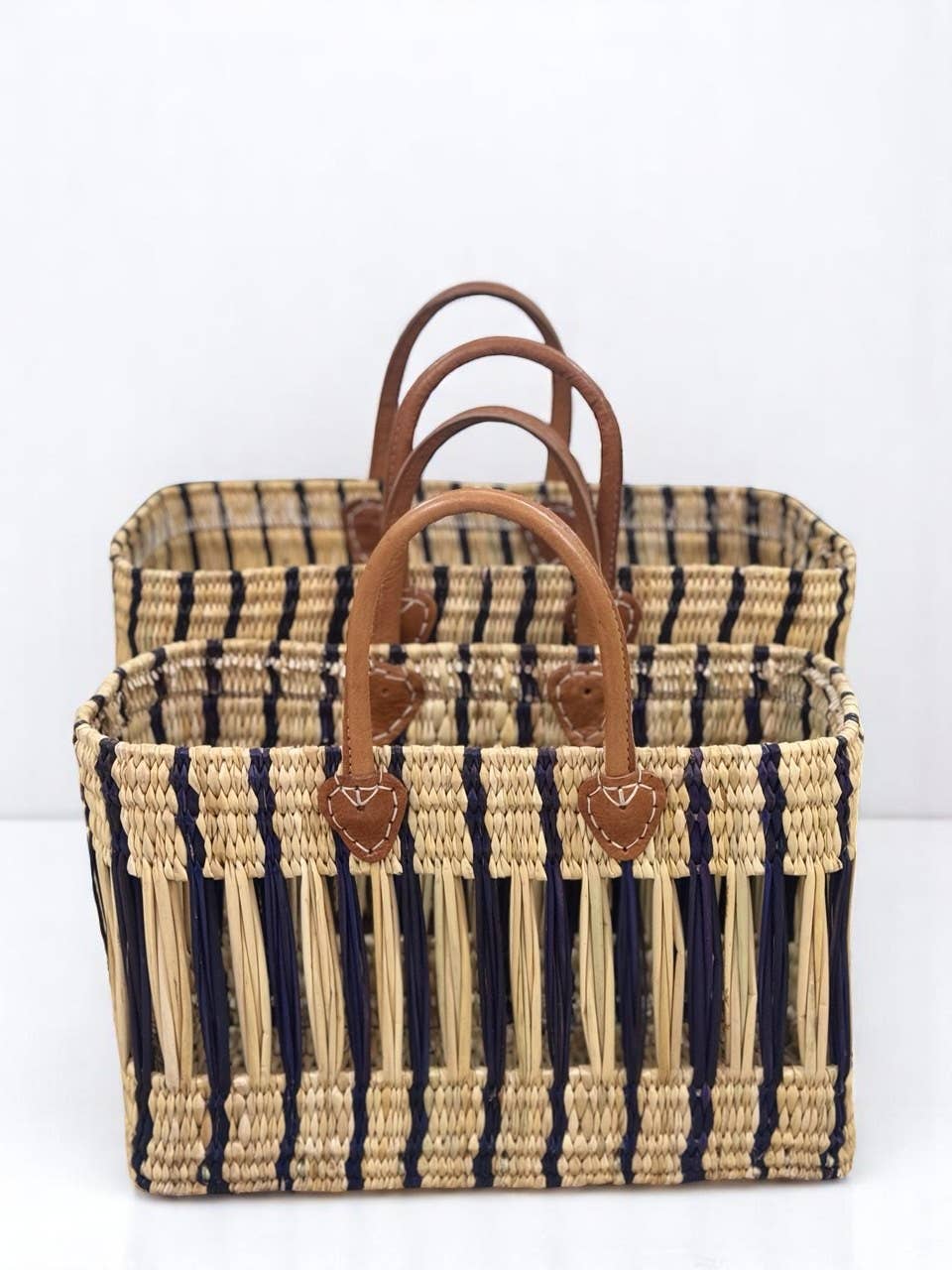 Moroccan Handwoven Straw Tote Bag with Leather Handles - Eco-Friendly Striped Design