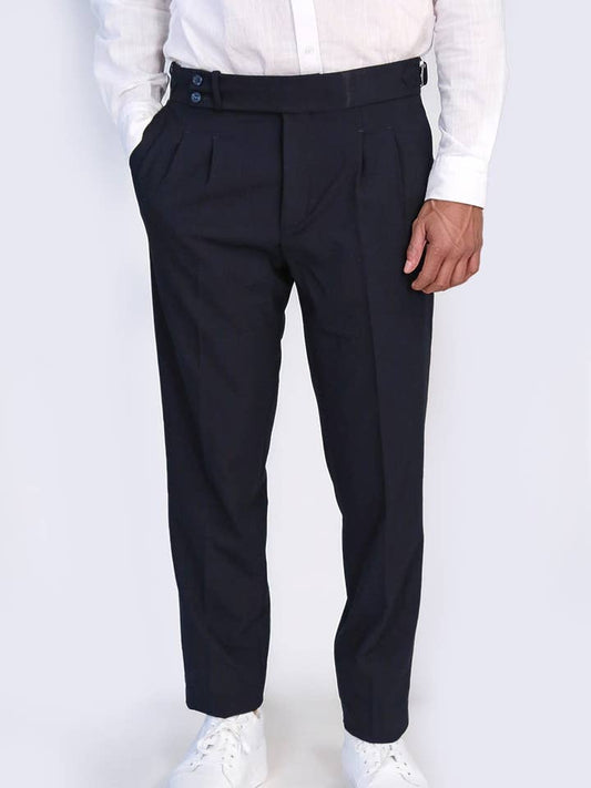 Men's Navy Double-Pleated High-Waisted Slim Fit Trousers with Adjustable Side Buckles