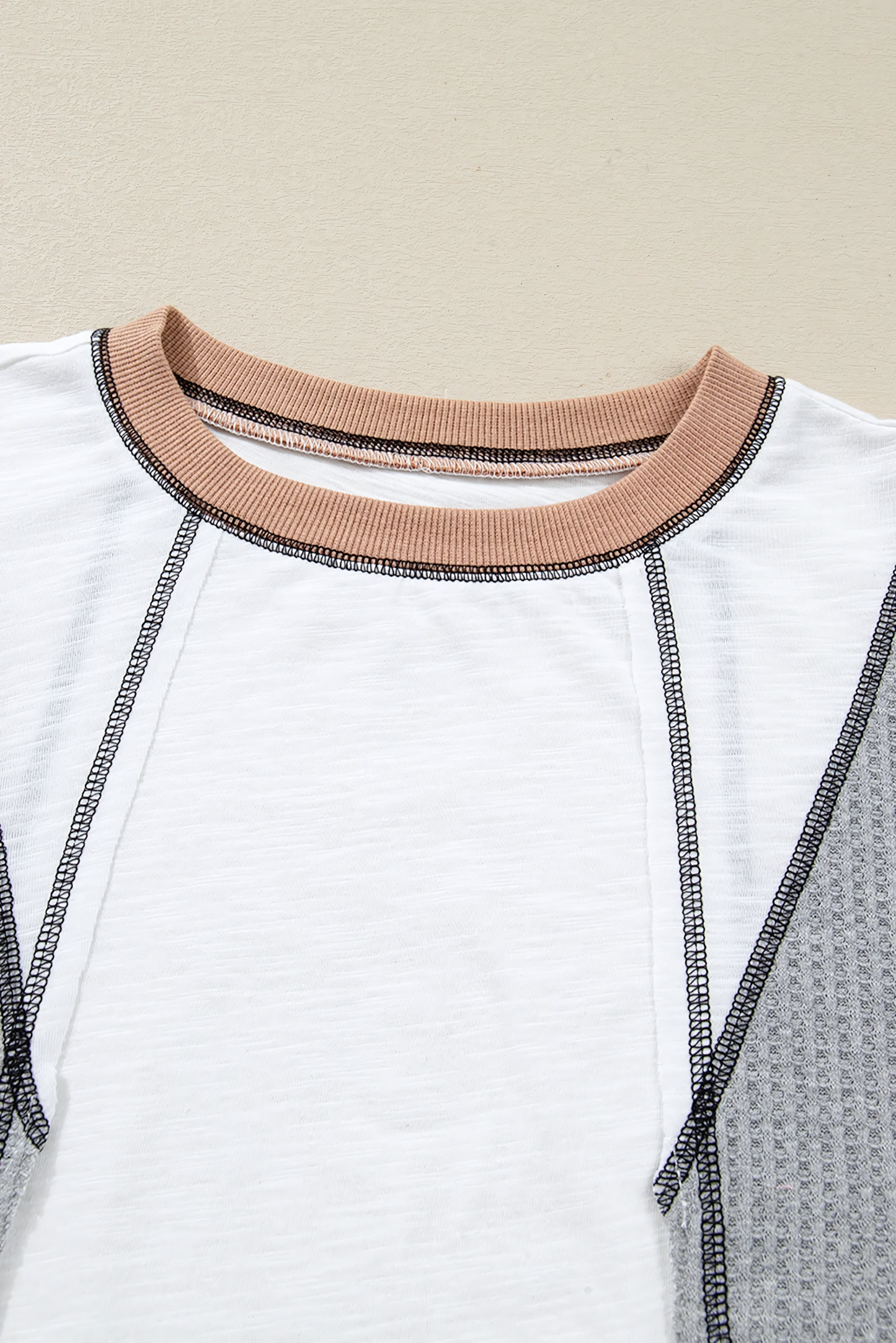 White Contrast Block Knit Patchwork Casual Top