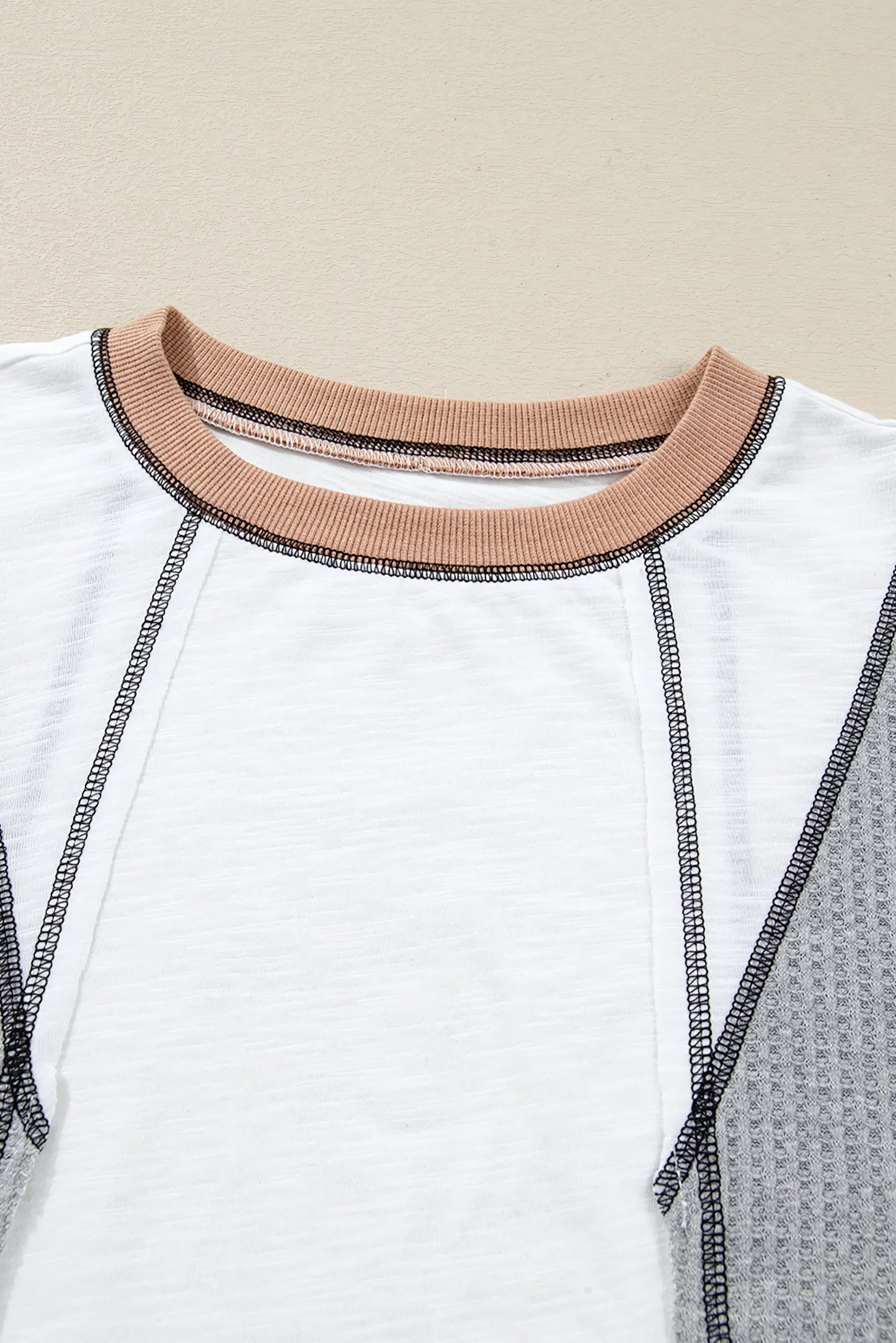 White Contrast Block Knit Patchwork Casual Top