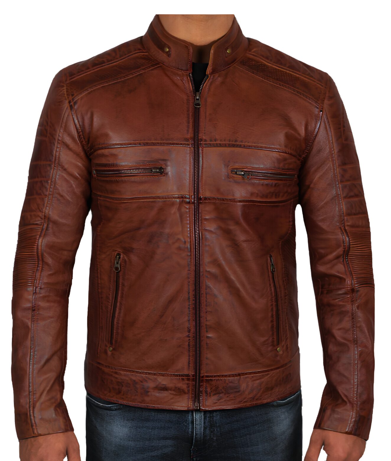 Rich Mahogany Genuine Men's Brown Leather Cafe Racer Jacket - Premium Lambskin