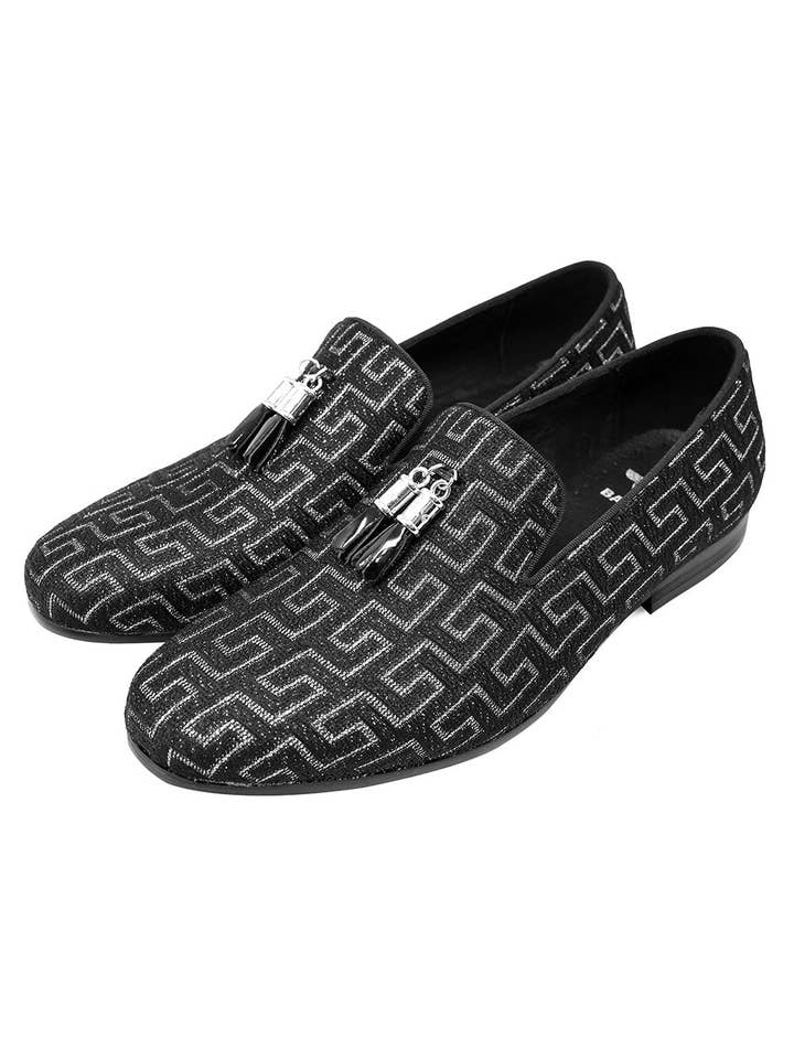 Men's Luxury Rhinestone Greek Key Baroque Tassel Slip-On Loafer Dress Shoes