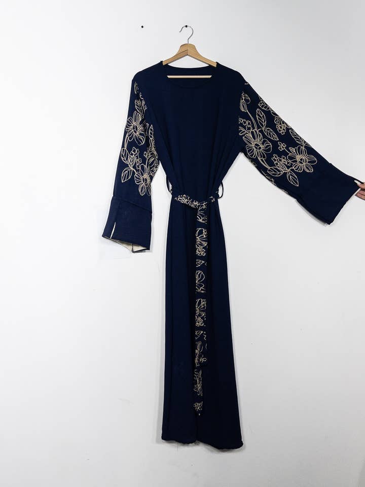 Elegant Floral Embroidered Abaya Dress with Matching Belt and Cream Lining