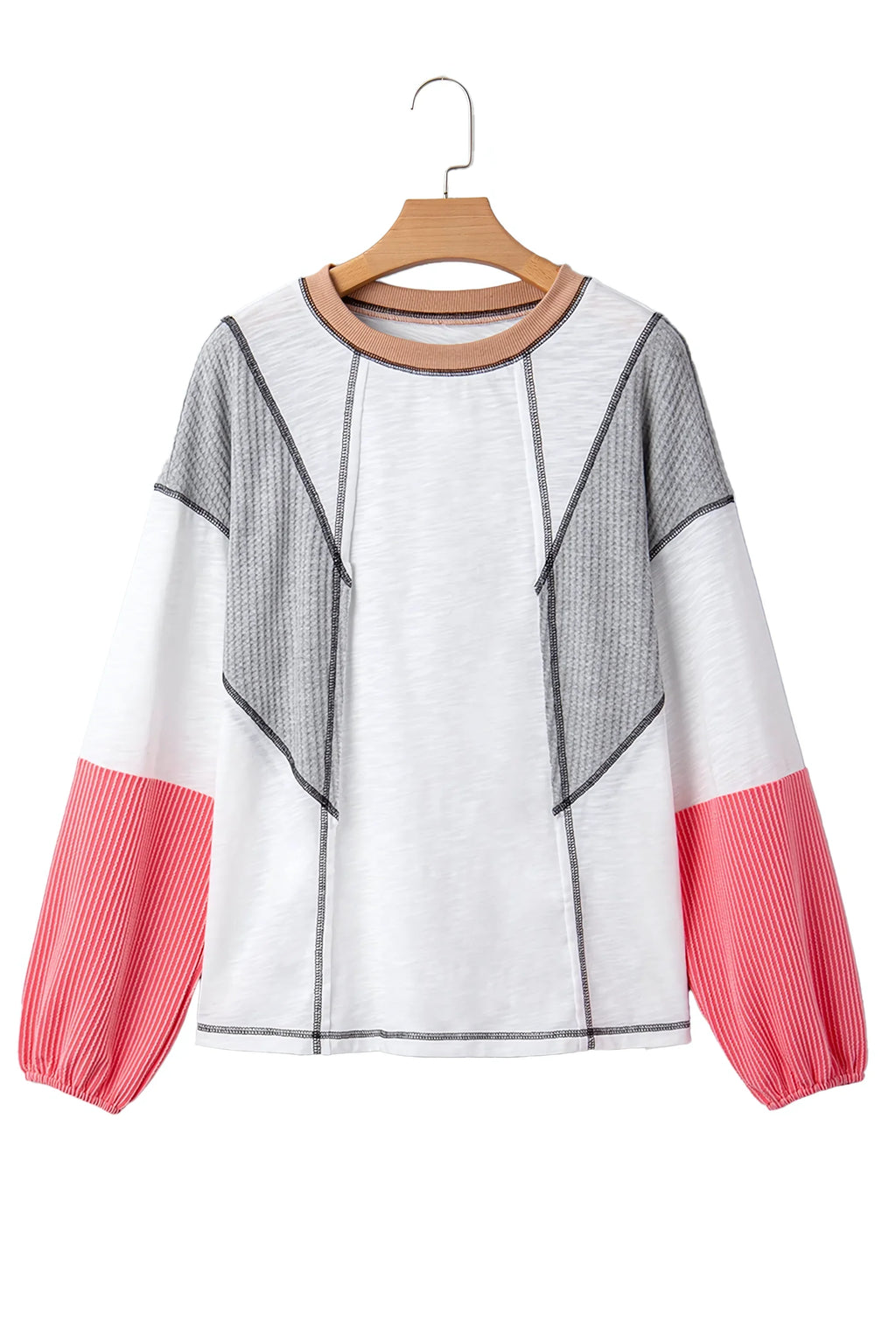 White Contrast Block Knit Patchwork Casual Top