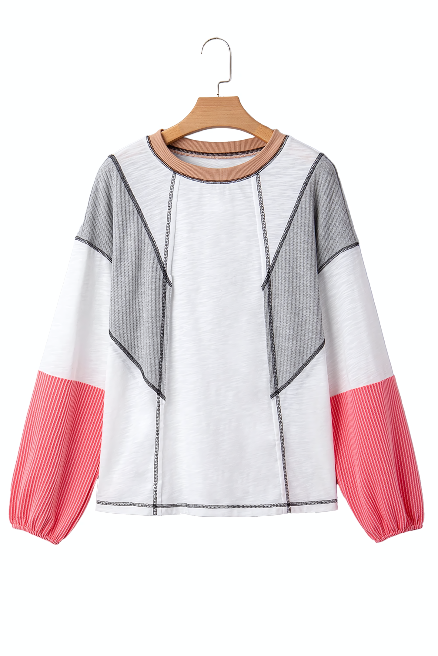 White Contrast Block Knit Patchwork Casual Top
