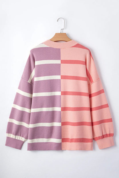 Striped Patchwork Drop Shoulder Pink Sweater
