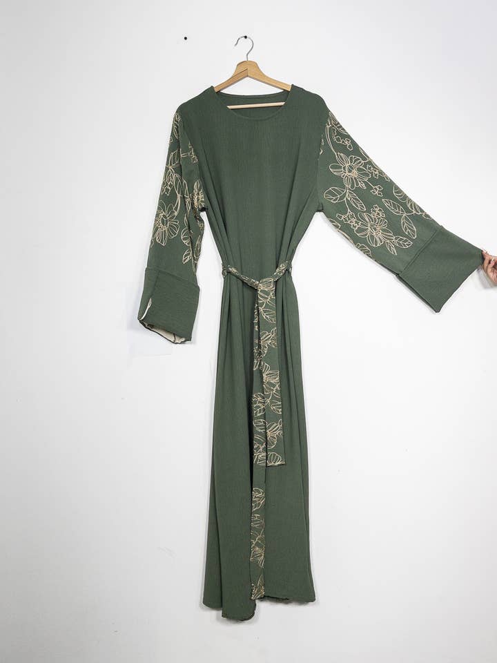 Elegant Floral Embroidered Abaya Dress with Matching Belt and Cream Lining